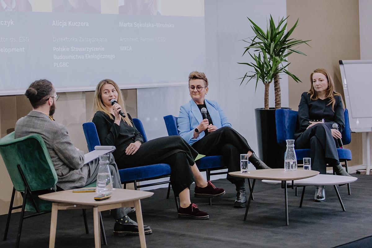 W debacie na temat innowacji, ESG i dekarbonizacji dyskutowały: Anna Bączyk z Dom Development, Marta Sękulska-Wrońska z WXCA i Alicja Kuczera z PLGBC.